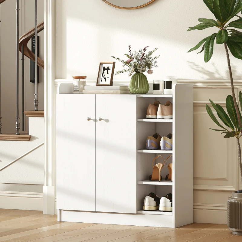 HOMCOM Meuble de rangement à chaussures pour entrée 12 paires - armoire à chaussures avec 4 compartiments ouverts et placard double porte - étagère réglable - 83L x 30l x 90H cm - blanc