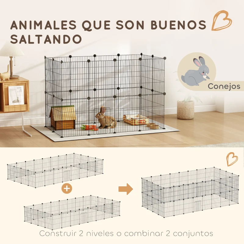 PawHut Jaula para Animales Pequeños Valla Metálica Modular para Mascotas con Puerta y Paneles de Acero 120x60x80 cm Negro