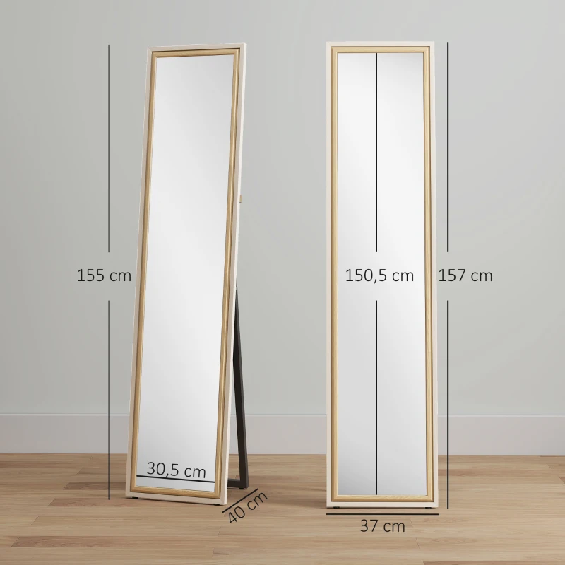 HOMCOM Espejo de Cuerpo Entero 157x37 cm con Marco Bicolor Espejo de Pie Inclinado o Colgante Blanco y Natural