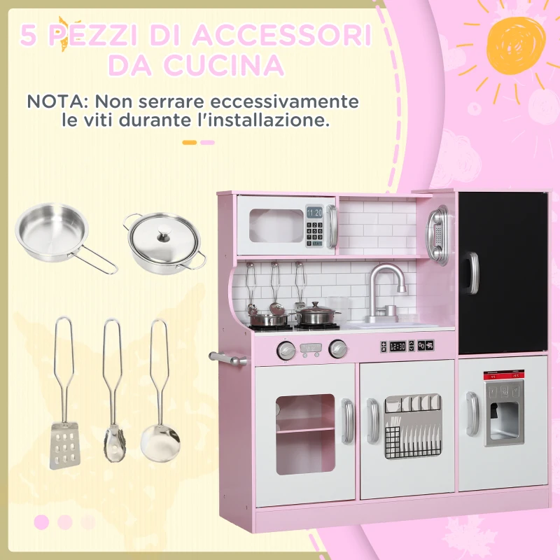 AIYAPLAY Cucina Giocattolo in Legno per Bambini 3-8 Anni con Fornelli, Microonde, Lavandino, e Accessori, Rosa