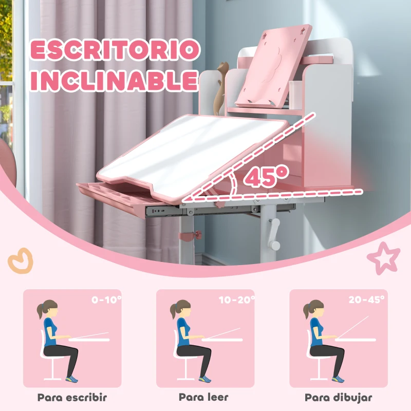AIYAPLAY Juego de Escritorio y Silla para Niños de +3 Años Altura Ajustable con Tablero Inclinable 80x55x107,5 cm Rosa