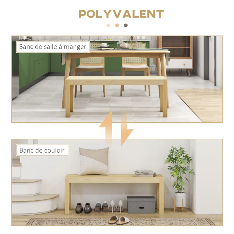 HOMCOM Banc de cuisine en bois massif 2 places, banc de salle à manger, charge 240 Kg, 120 x 33 x 45 cm, bois naturel