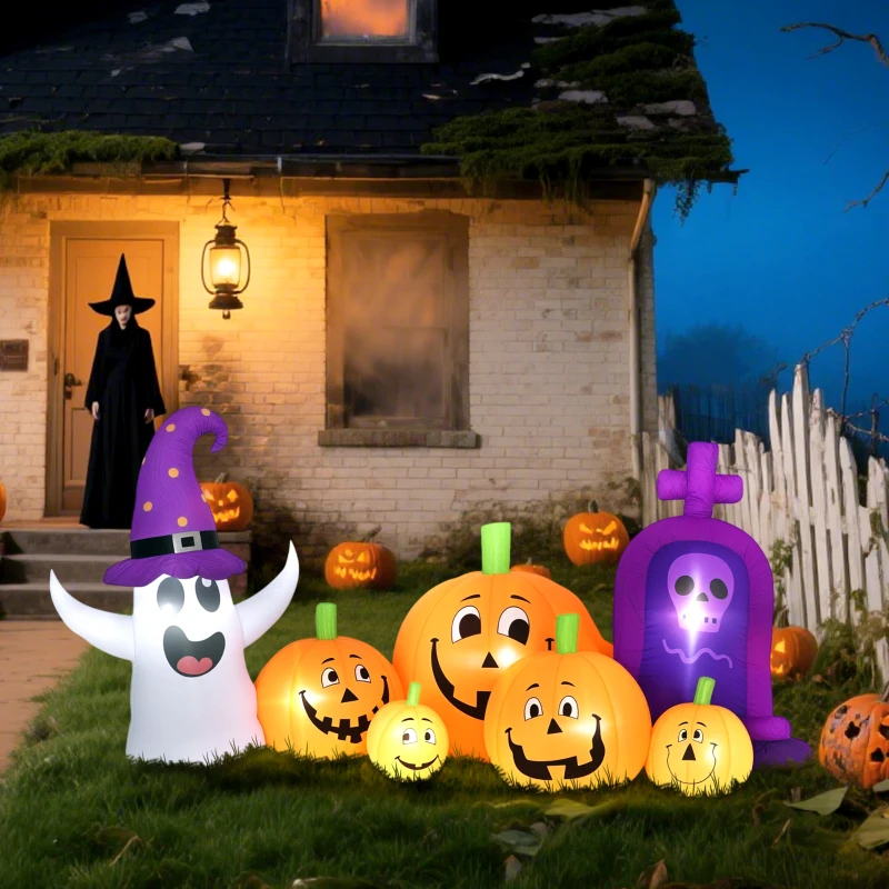 Outsunny Abóbora Insuflável de Halloween com Fantasma Lápida com Luzes LED IP44 e Insuflador para Festas 240x130x130 cm Multicolor