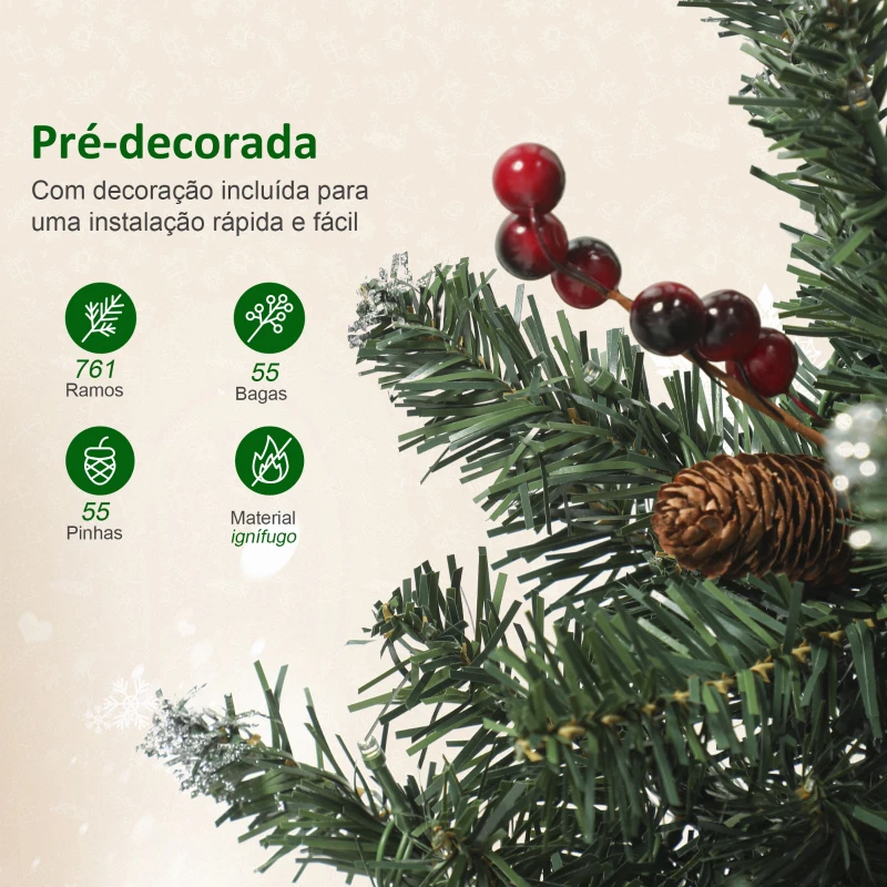 HOMCOM Árvore de Natal Slim 230 cm com Luzes LED 8 Modos de Iluminação 761 Ramos com Purpurina Prateada Pinhas e Bagas Verde