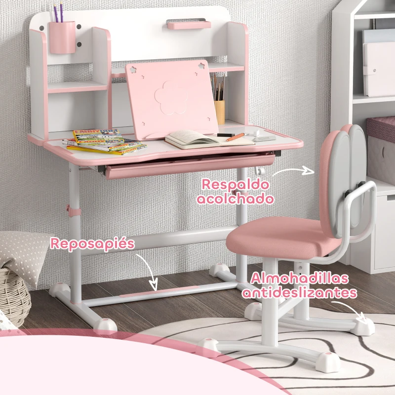 AIYAPLAY Juego de Escritorio y Silla para Niños de +3 Años Altura Ajustable con Tablero Inclinable 80x55x107,5 cm Rosa