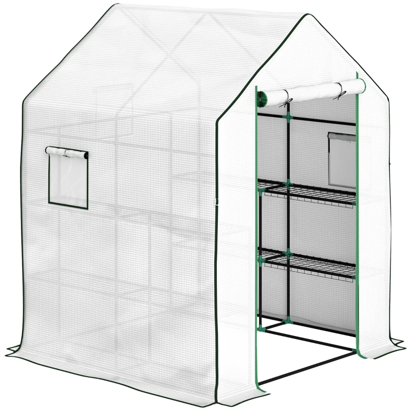 Outsunny Serre de Jardin avec 6 Étagères Porte Enroulable Couverture en PE et Structure en Acier 140x143x190 cm Blanc