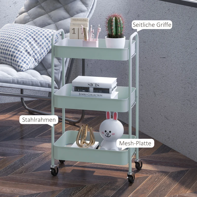 HOMCOM Multifunctionele Keukenkar, 3 Planken, 4 Wielen, 45 cm x 30,6 cm x 79 cm, Lichtblauw