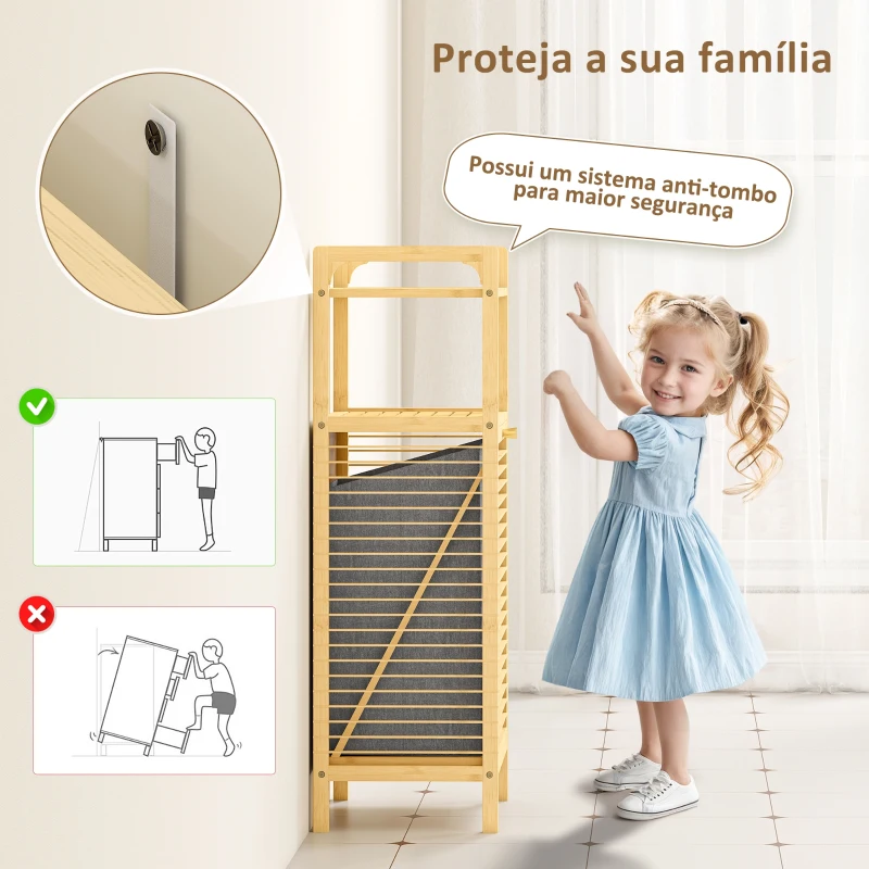HOMCOM Armário para Roupa de Bambu Móvel Auxiliar para Casa de Banho 40x30x95 cm com 2 Prateleiras Abertas Cesto Amovível Madeira
