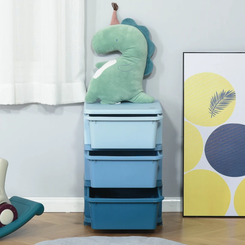 HOMCOM Torre de Almacenamiento Infantil con 3 Cajones, Organizador de Juguetes para Niños de +3 Años, con Bordes Redondeados y Asas, para Guardería, Sala de Juegos, Dormitorio, 37x37x56,5 cm, Azul