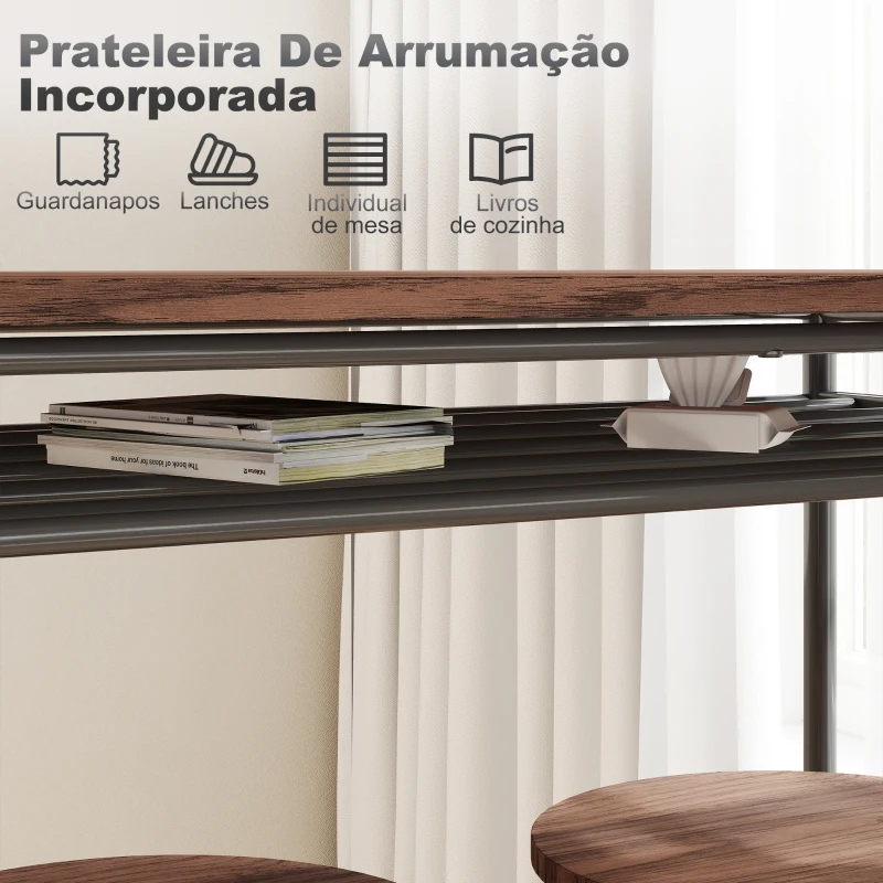 HOMCOM Mesa Alta de Cozinha com 2 Bancos EstiIo Industrial Prateleira Aberta Apoio para Pés para Espaços Reduzidos Castanho