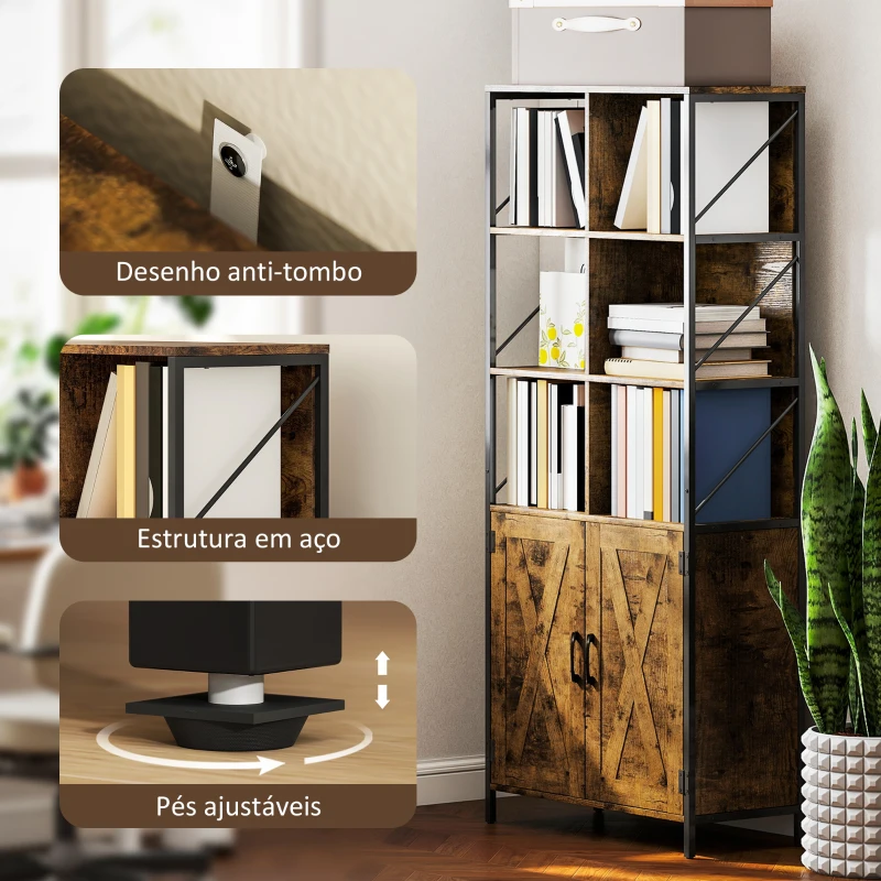 HOMCOM Estante de 6 Níveis Estante de Livros com Compartimentos Abertos 2 Portas Estilo Industrial 75x34x172 cm Castanho Rústico