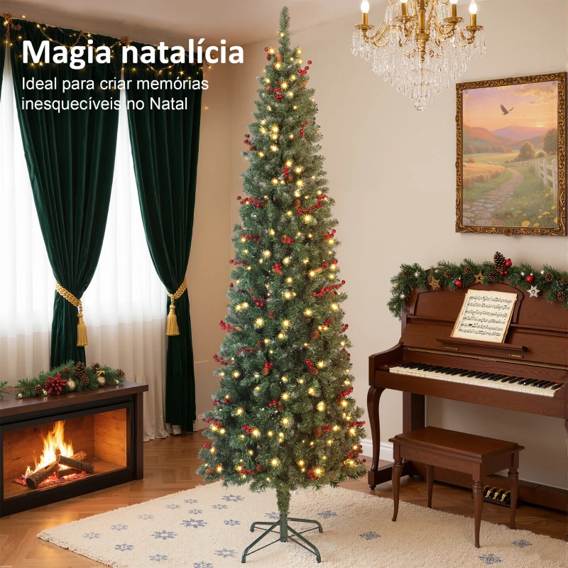 HOMCOM Árvore de Natal Slim 230 cm com Luzes LED 8 Modos de Iluminação 761 Ramos com Purpurina Prateada Pinhas e Bagas Verde