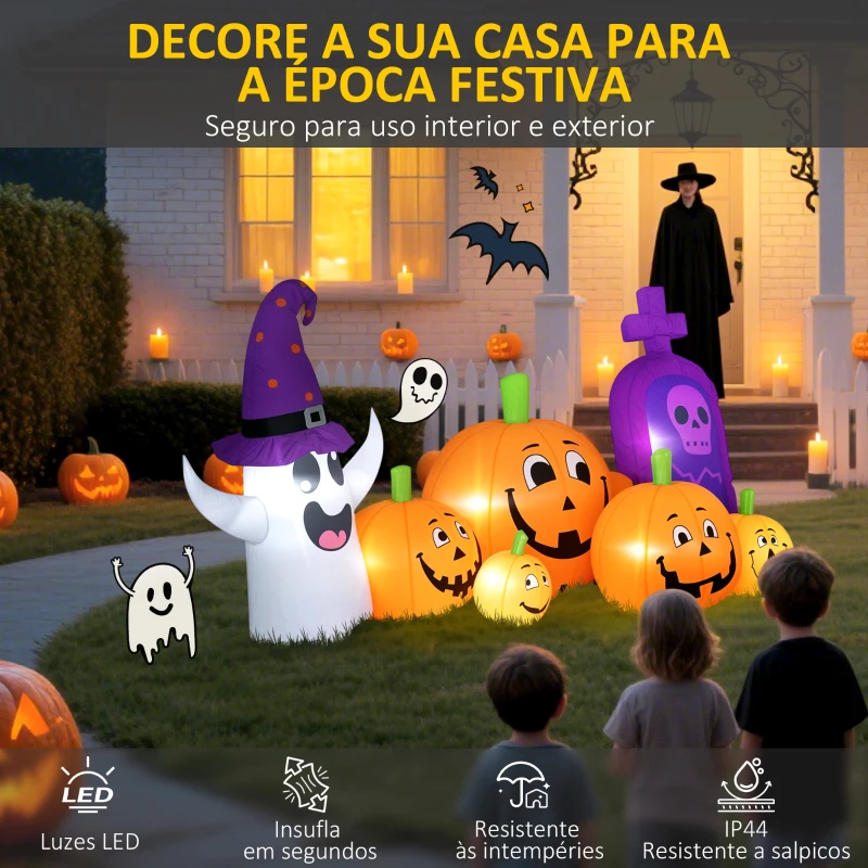 Outsunny Abóbora Insuflável de Halloween com Fantasma Lápida com Luzes LED IP44 e Insuflador para Festas 240x130x130 cm Multicolor