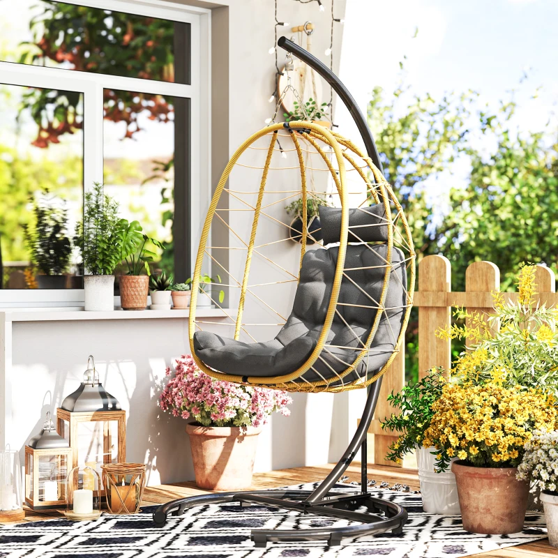 Outsunny Poltrona Sospesa e Pieghevole con Cuscini, in Acciaio e Rattan PE, 102x102x195 cm, Nera Grigia e Beige