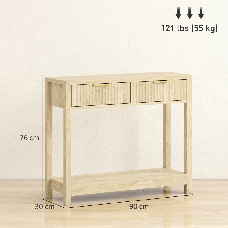 HOMCOM Modern Console Table with Fluted Panel Drawers, Narrow Hallway Table with Shelf for Entryway, Living Room, 90 x 30 x 76 cm, Natural Wood Finish