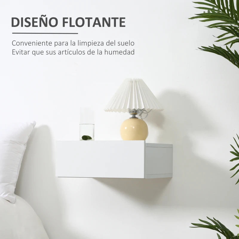 HOMCOM Set de 2 Mesitas de Noche Flotantes con 1 Cajón Diseño Montado en la Pared Estilo Moderno para Dormitorio 40x30x15 cm Blanco