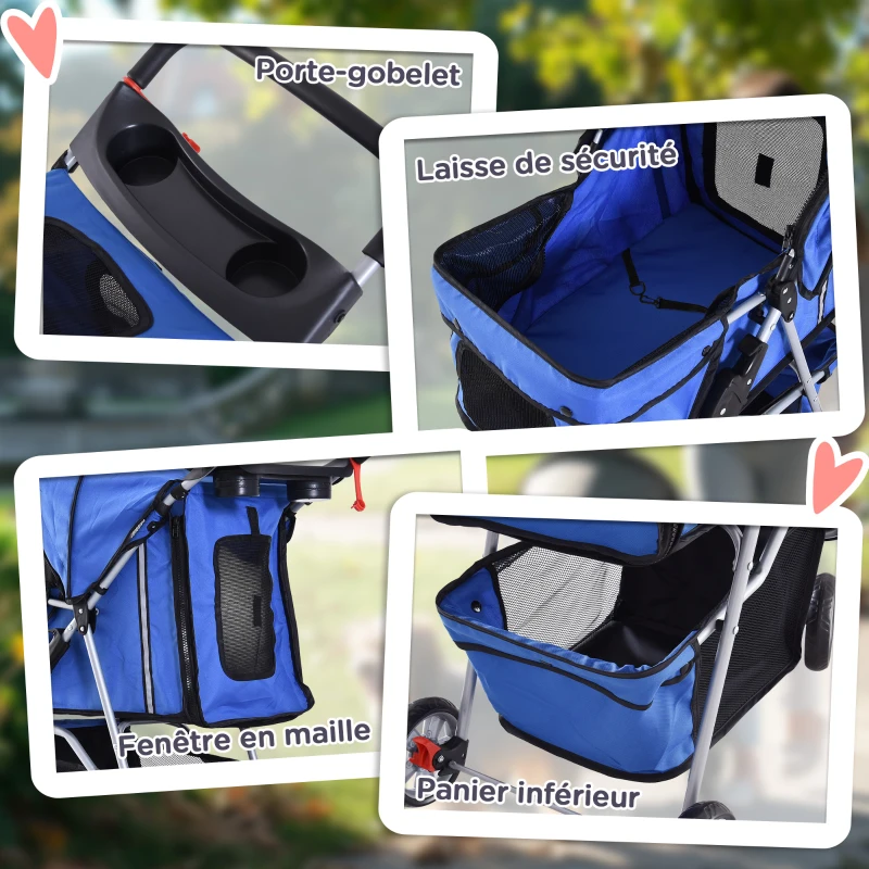 PawHut Poussette buggy pliable animaux porte-gobelet panier de rangement tissu 600D Oxford acier 75 x 45 x 97 cm bleu