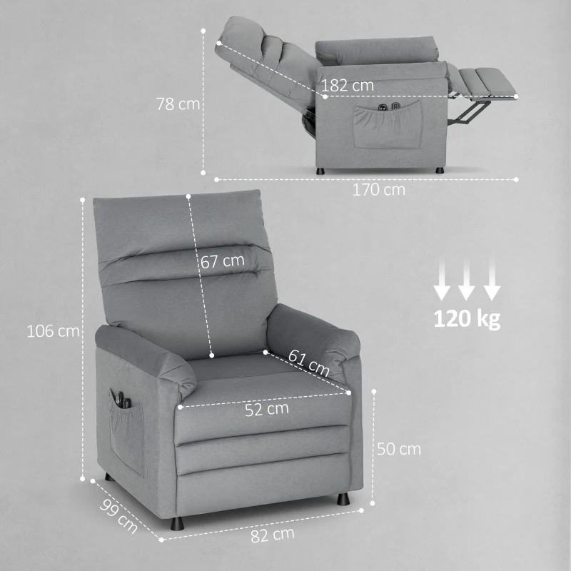 HOMCOM Fauteuil Inclinable avec 8 Points de Massage et 5 Modes, Repose-Pieds, Chauffage, Tissu Velours, Gris