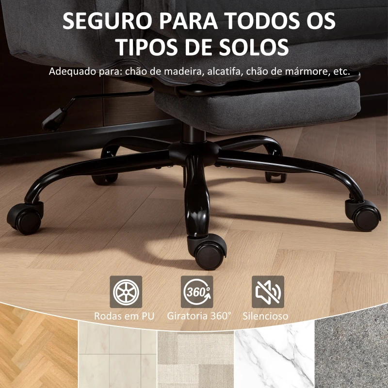 HOMCOM Cadeira de Secretária com Apoio para os Pés Encosto Reclinável e Acolchoada Espesso 80x80x106-114 cm Cinzento