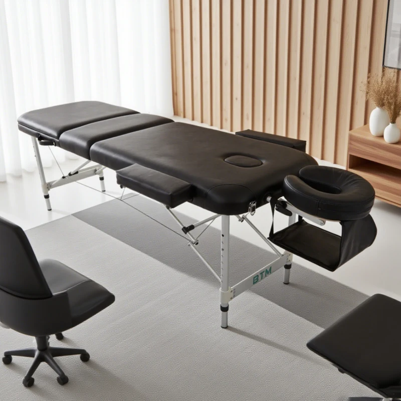 Portable Aluminium Massage Table, 3-Section Foldable Couch Bed with Adjustable Headrest, Arm Support, and Carrying Bag, Black