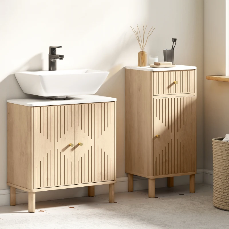 HOMCOM Meuble sous lavabo meuble de salle de bain sous vasque étagère réglable plan de toilette effet marbre 60x30x63cm chêne