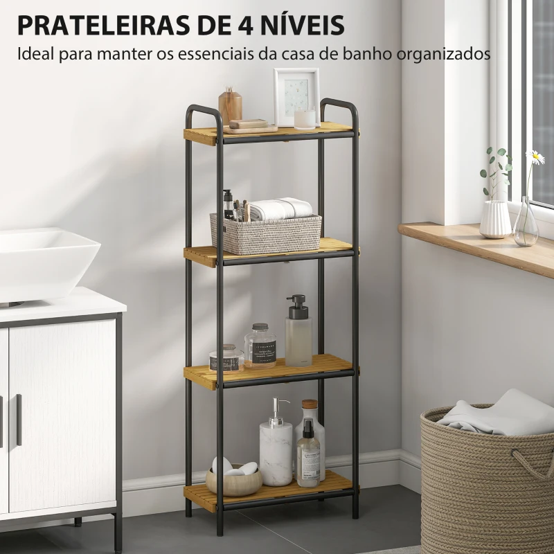 HOMCOM Estante de Casa de Banho de Bambu de 3 Níveis Estante de Armazenamento com 3 Prateleiras Ripas e Estrutura de Aço 41,5x21,5x106 cm Madeira e Preto