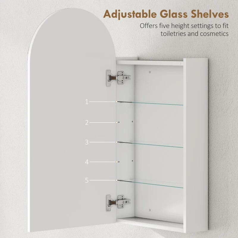 HOMCOM Arched Bathroom Mirror Cabinet with Adjustable Glass Shelves - White