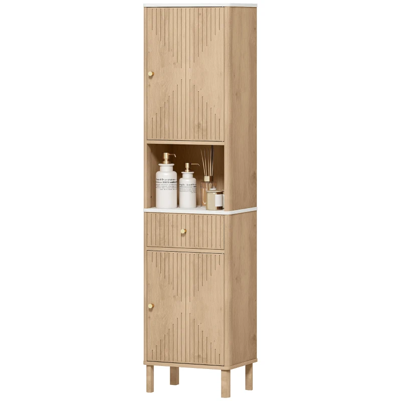 HOMCOM Colonna Bagno con Cassetto, 2 Armadietti e Ripiani Regolabili, Ripiano Effetto Marmo, 41.5x30x168 cm, Rovere