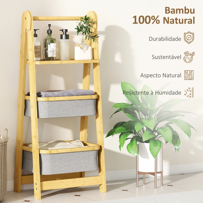 HOMCOM Estante Dobrável para Casa de Banho de Bambu com 2 Cestos para Roupa Suja Estante Aberto 44,5x32x99 cm Cinzento