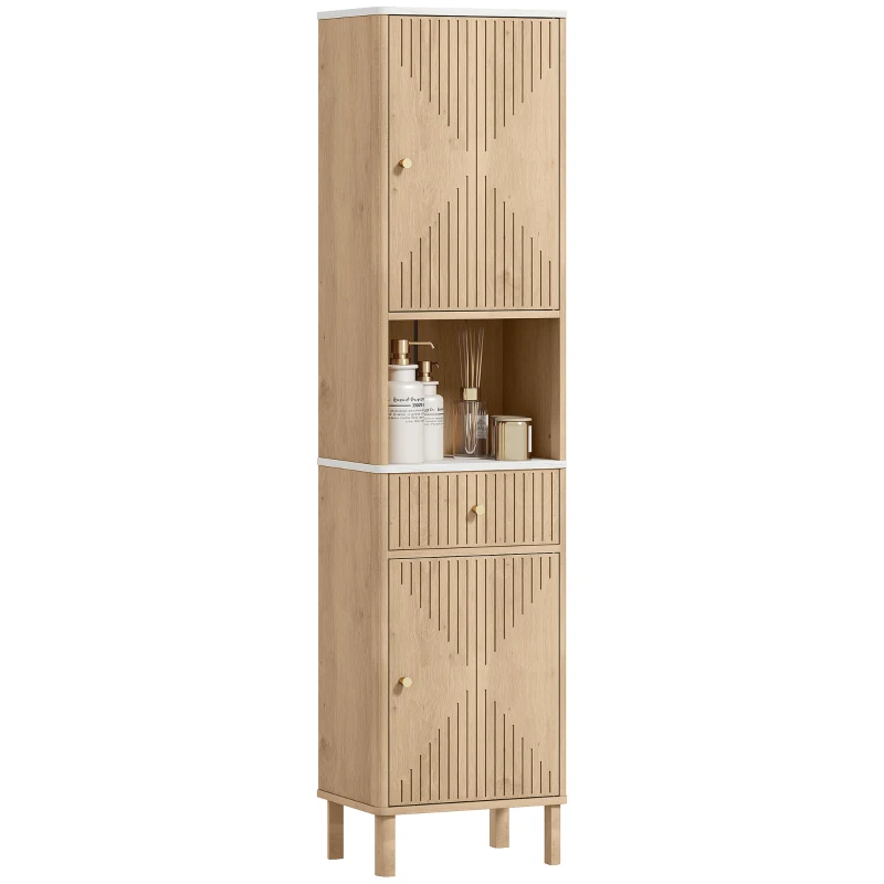 HOMCOM Colonna Bagno con Cassetto, 2 Armadietti e Ripiani Regolabili, Ripiano Effetto Marmo, 41.5x30x168 cm, Rovere