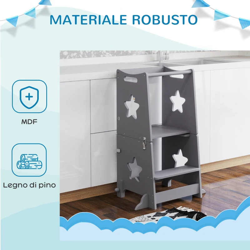 AIYAPLAY Scala Montessori Convertibile in Set Tavolo e Sedie con Barra di Sicurezza, in Legno, 60x44.5x86 cm, Grigio