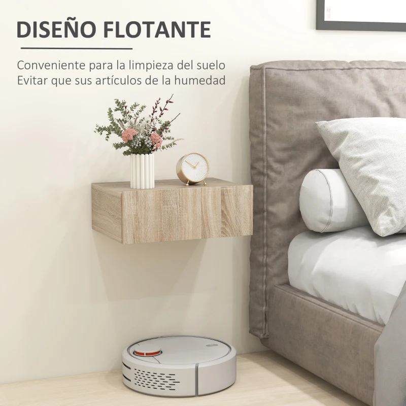 HOMCOM Set de 2 Mesitas de Noche Flotantes con 1 Cajón Diseño Montado en la Pared Estilo Moderno 40x30x15 cm Natural