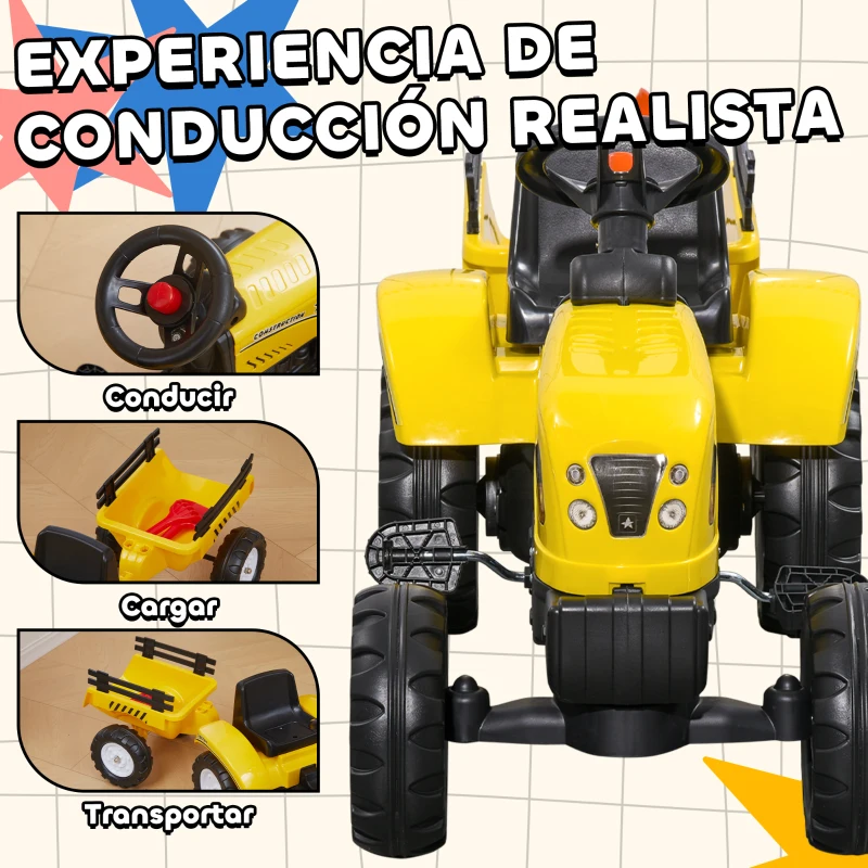 HOMCOM Tractor a Pedales para Niños a partir de 3 Años con Remolque y 2 Herramientas Carga 35 kg 133x42x51 cm Amarillo