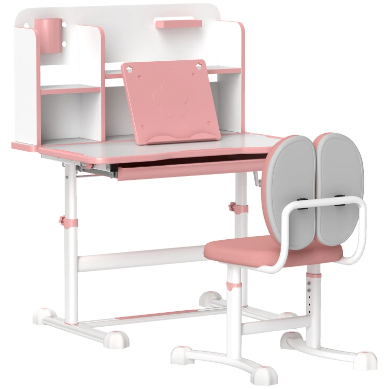 AIYAPLAY Juego de Escritorio y Silla para Niños de +3 Años Altura Ajustable con Tablero Inclinable 80x55x107,5 cm Rosa