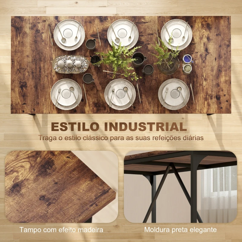 HOMCOM Mesa de Refeição Retangular para 6-8 Pessoas Mesa de Cozinha Industrial com Pés de Metal 180x80x75,5 cm Castanho Rústico