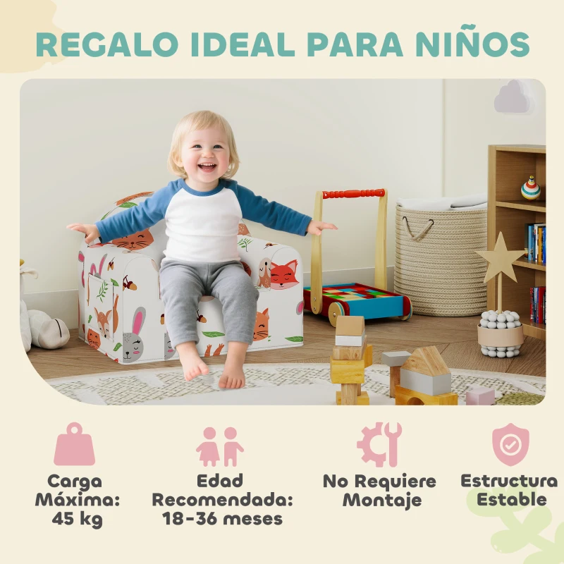 AIYAPLAY Sillón Infantil con Estampado de Zorros Sofá para Niños de 18-36 Meses con Funda Extraíble y Bolsillo 54x40x43 cm Blanco