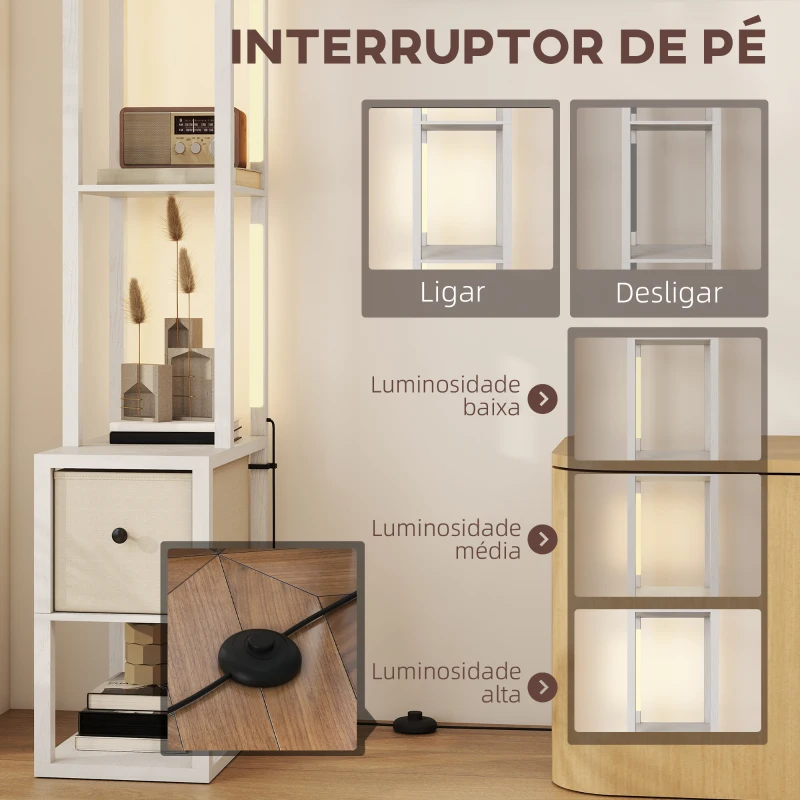 HOMCOM Candeeiro de Pé Moderno com Prateleiras Abertas Gaveta de Tecido e Interruptor de Pé 43,5x26,5x169 cm Branco