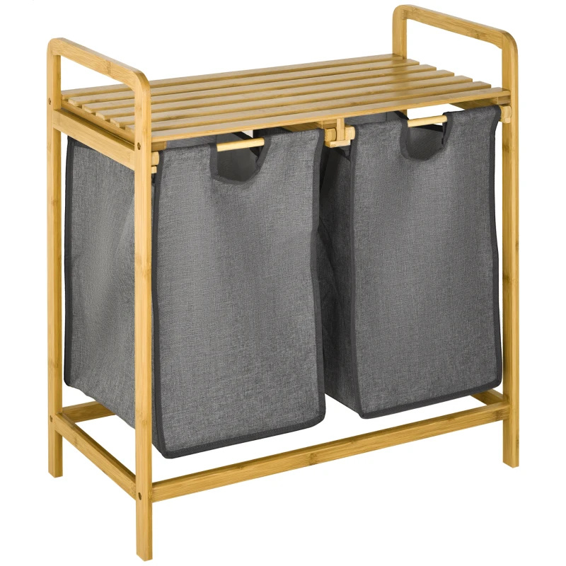 HOMCOM Cos de rufe din bambus , Cos de rufe cu raft, 2 saci pentru dormitor, baie, spalatorie, 64 x 33 x 73 cm, gri