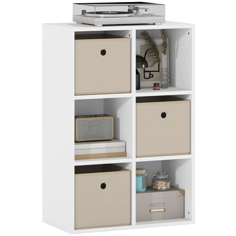 HOMCOM Estantería Cubo de Almacenamiento con 6 Compartimentos y 3 Cajones de Tela para Salón 53,7x30x79,8 cm Blanco y Beige
