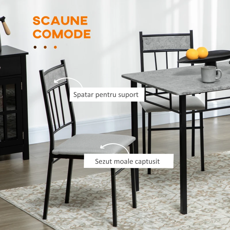 HOMCOM Set masa si scaune 5 buc, masa dreptunghiulara din metal si MDF si 4 scaune de sufragerie cu scaun tapitat cu spuma si poliester