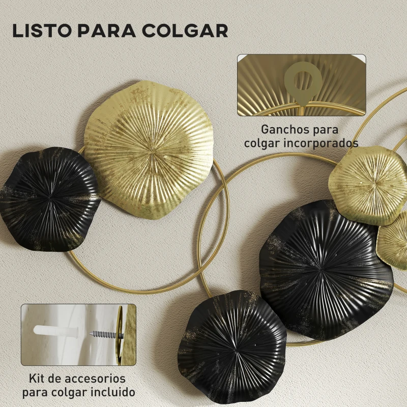HOMCOM Decoración de Pared de Metal con Forma de Hoja de Loto Escultura de Pared para Decoración Hogar 84x35 cm Dorado y Negro