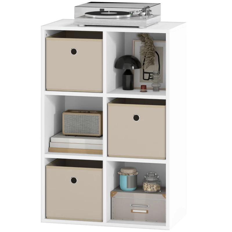 HOMCOM Étagère Cube de Rangement avec 6 Compartiments et 3 Tiroirs en Tissu pour Salon 53,7x30x79,8 cm Blanc et Beige