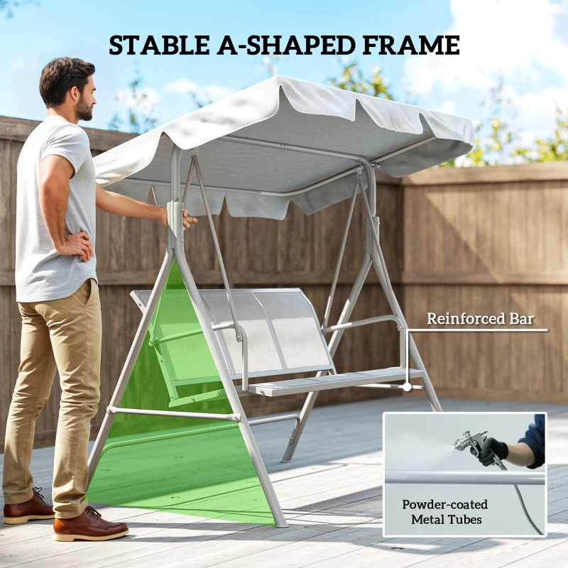 Outsunny Metal Garden Swing Chair, 3-Seater Swing Seat, Patio Hammock Bench Canopy Lounger, Light Grey