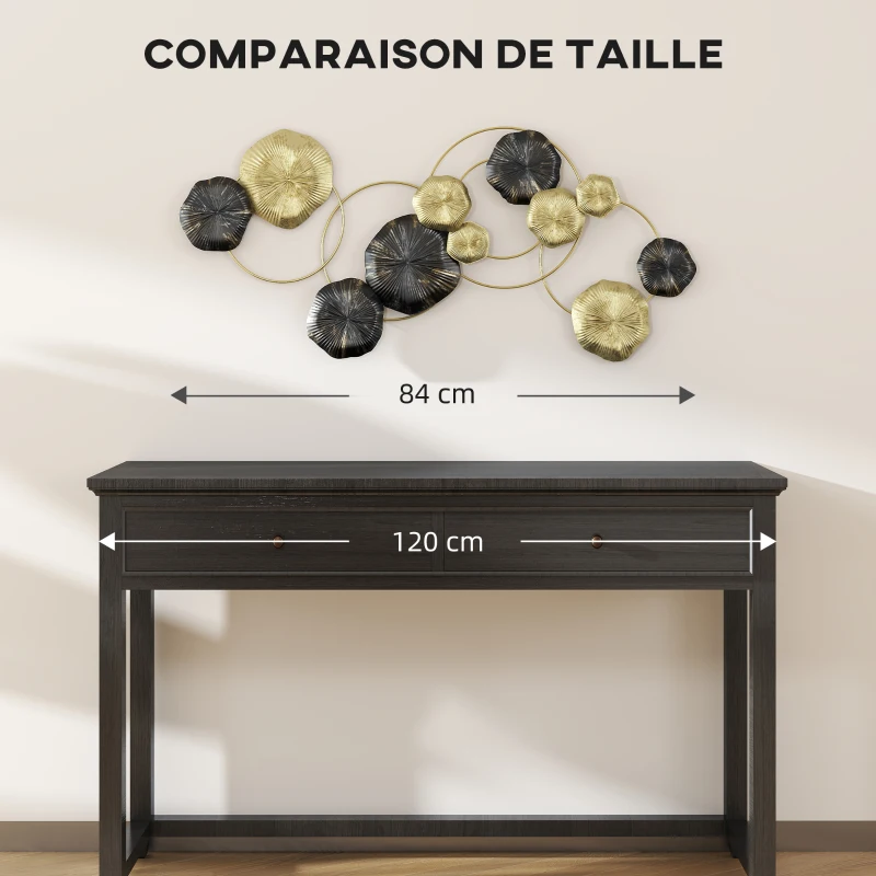 HOMCOM Décoration murale en métal en forme de feuille de lotus, design unique à plusieurs disques, 84 x 35 cm, doré et noir