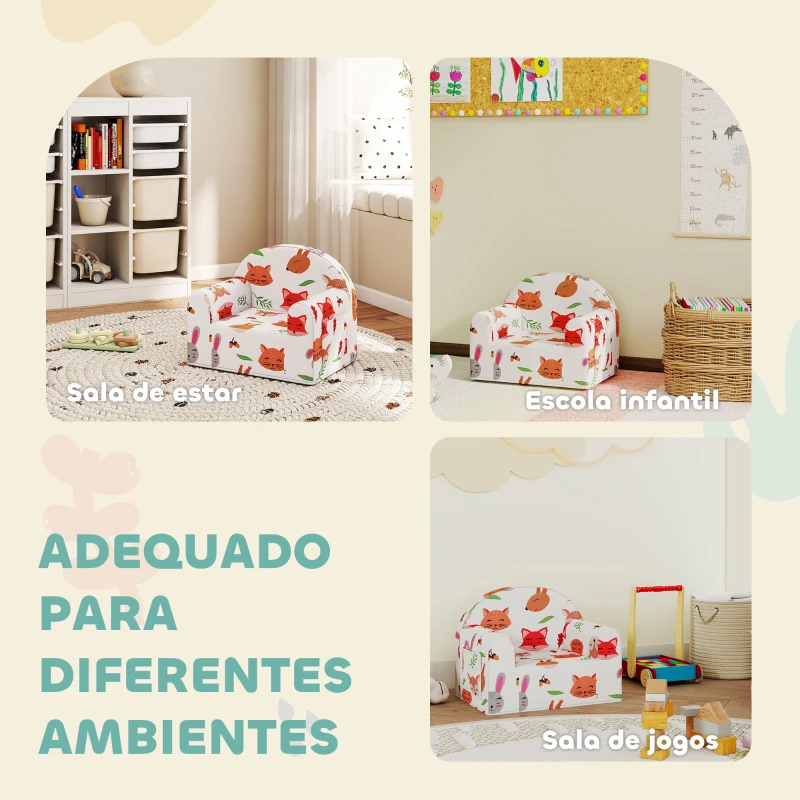 AIYAPLAY Sofá para Crianças com Estampa de Raposas com Capa Removível e Lavável Bolso Lateral Apoio de Braços 54x40x43 cm Branco