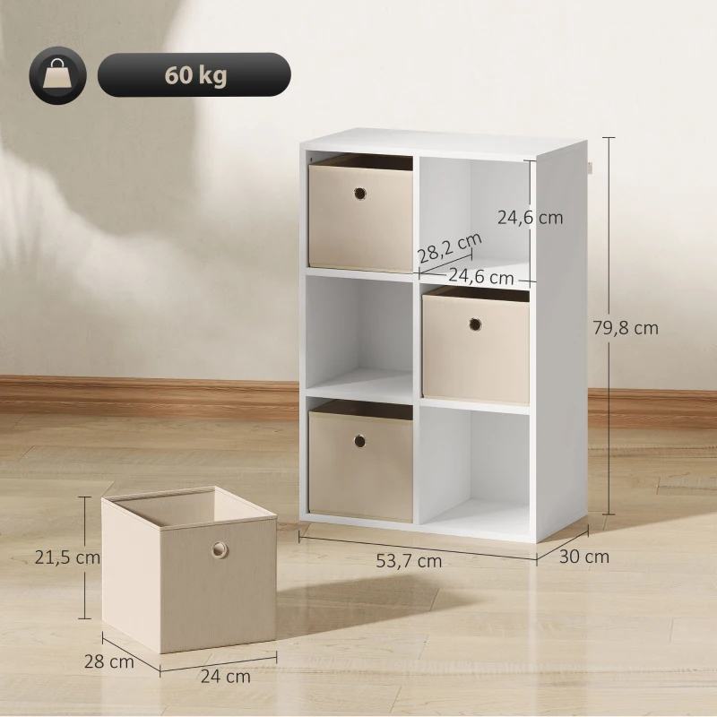 HOMCOM Libreria a Cubi con 6 Compartimenti e 3 Cassetti di Stoffa 53,7x30x79,8 cm Bianco e Beige