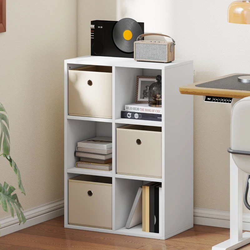 HOMCOM Étagère Cube de Rangement avec 6 Compartiments et 3 Tiroirs en Tissu pour Salon 53,7x30x79,8 cm Blanc et Beige