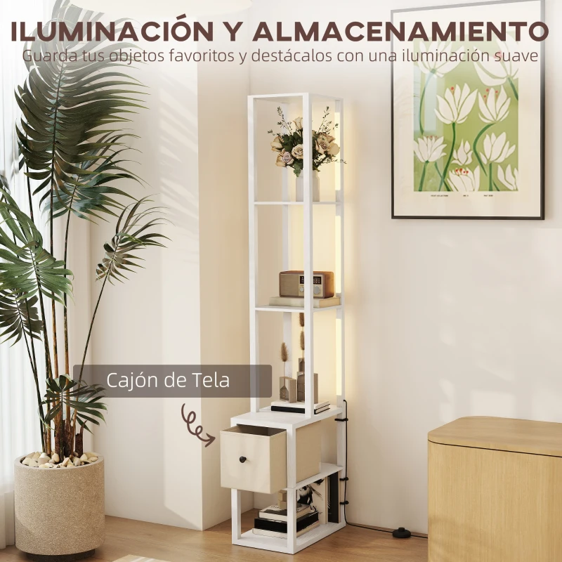 HOMCOM Lámpara de Pie Moderna con Estantes Abiertos Cajón de Tela e Interruptor de Pie para Dormitorio Sala de Estar Blanco