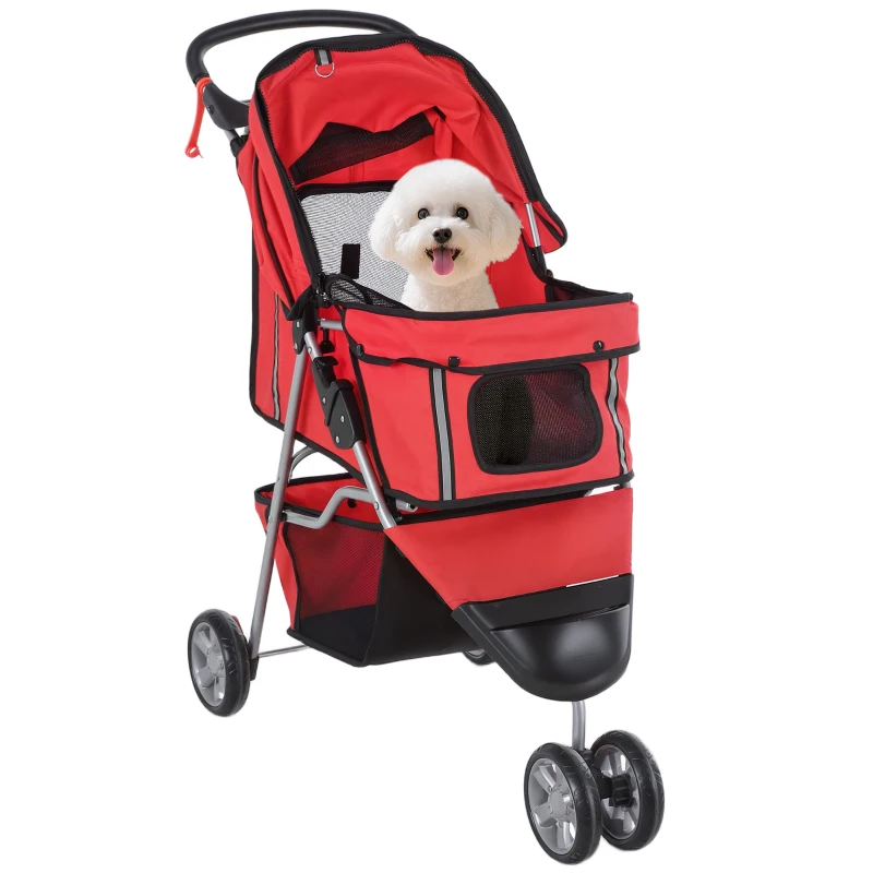 PawHut Carrito para Perros Pequeños con Cesta de Almacenaje Ventanas de Malla y 2 Ruedas Universales 75x45x97 cm Rojo