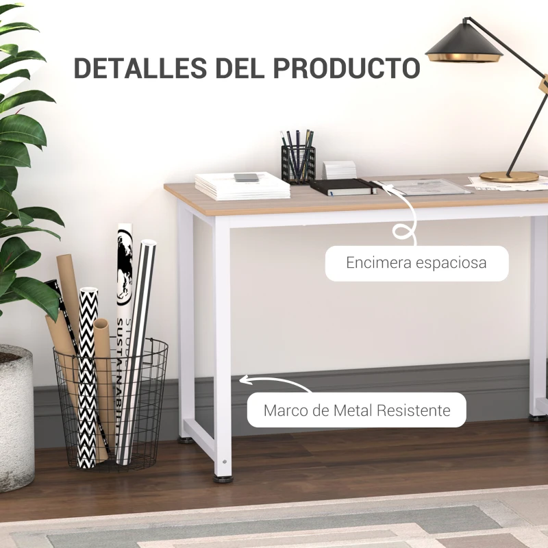 HOMCOM Mesa de Escritorio con Marco de Acero Patas Ajustables Mesa de Estudio para Oficina Hogar 120x60x76 cm Blanco y Natural